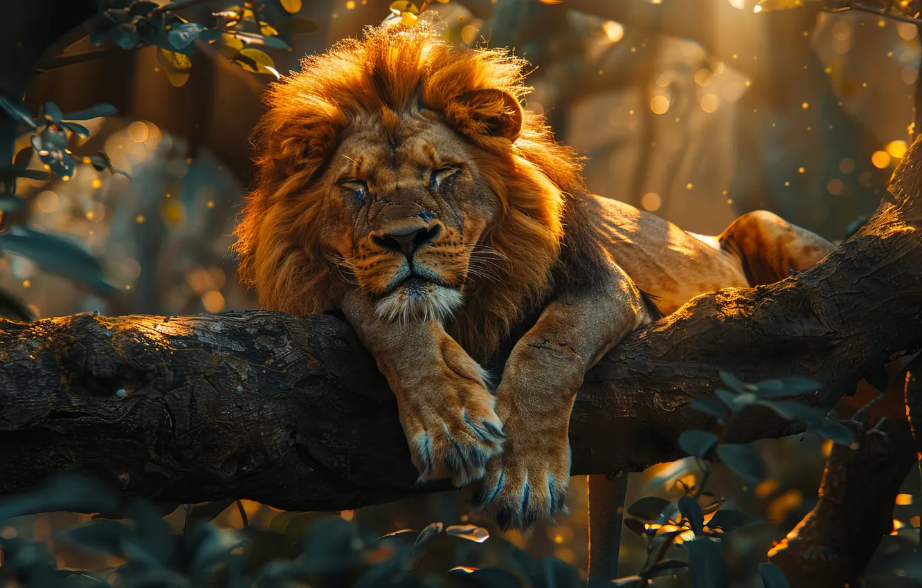 Photo wallpaper predator, Leo, sleeping, big cat, digital art, AI art, The Art of Artificial Intelligence, neural …