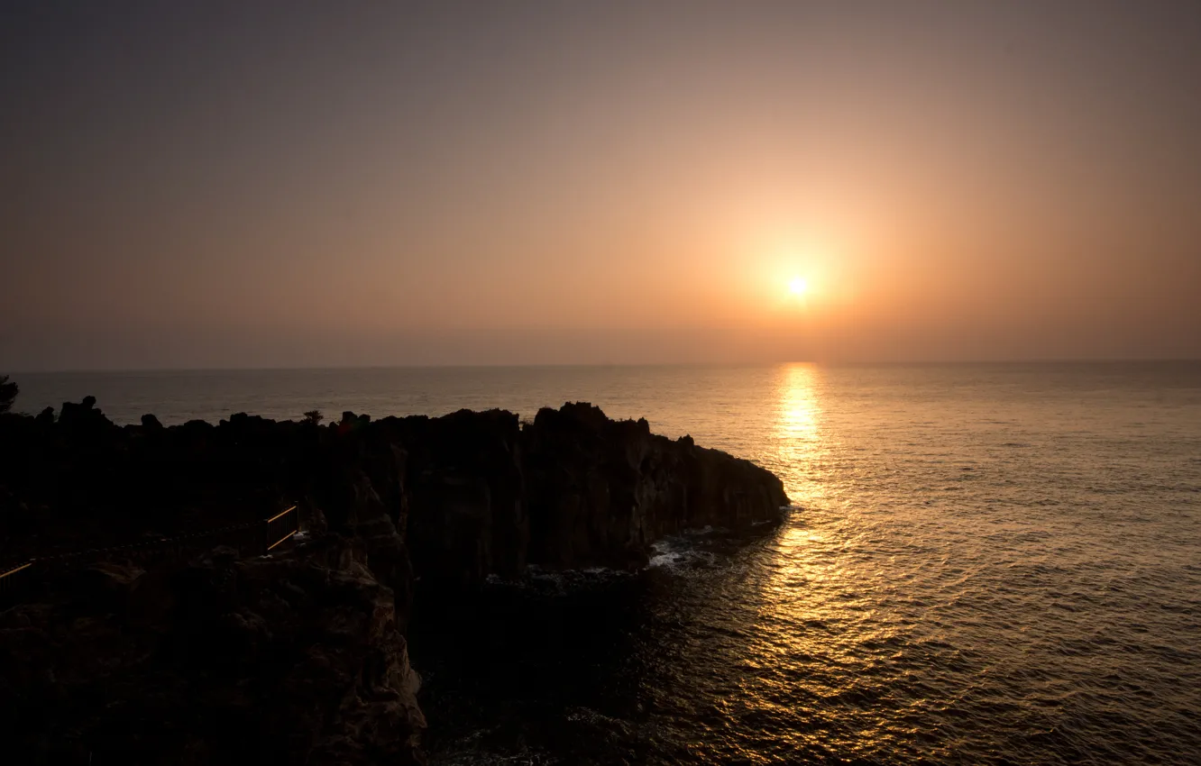Photo wallpaper sea, the sun, sunrise, rock