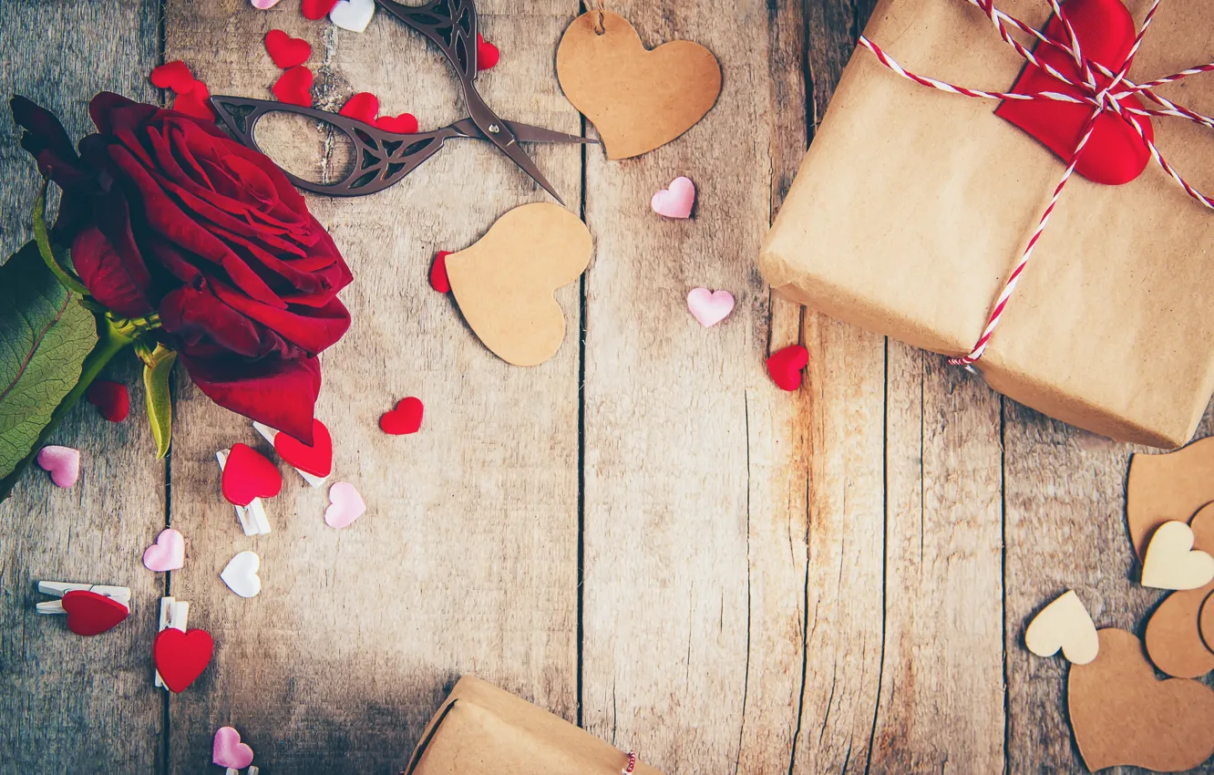 Photo wallpaper holiday, gift, roses, petals, hearts, scissors