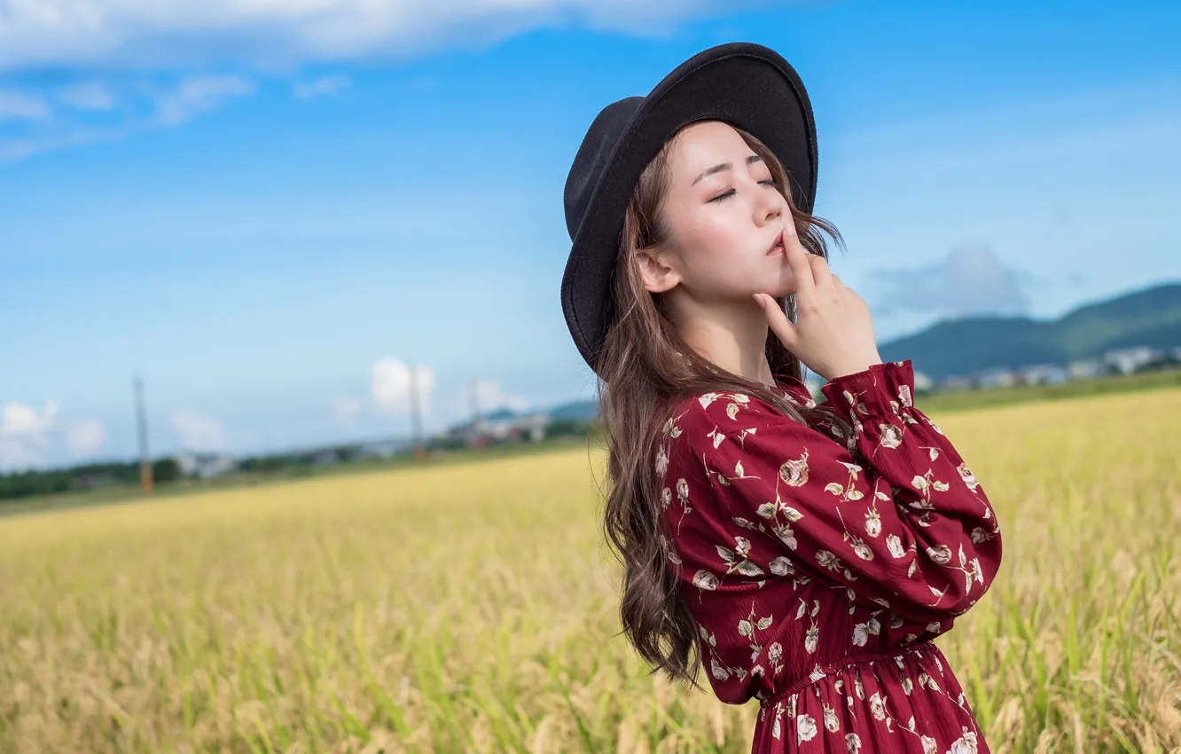 Photo wallpaper field, girl, hat, dress, Asian, cutie, bokeh