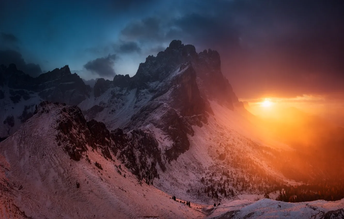 Photo wallpaper winter, the sky, the sun, clouds, snow, trees, sunset, mountains