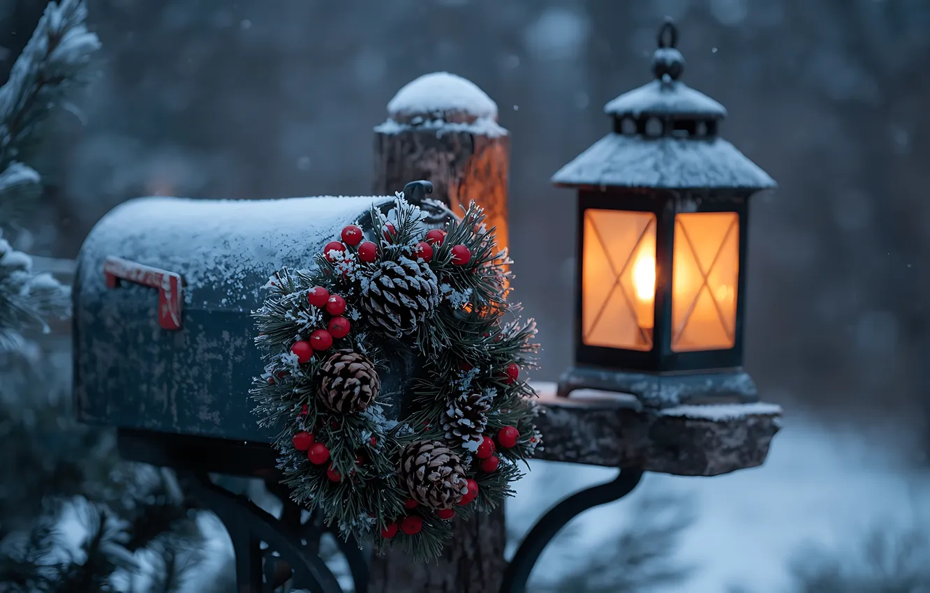 Photo wallpaper winter, snow, Christmas, wreath, winter, snow, decoration, wreath