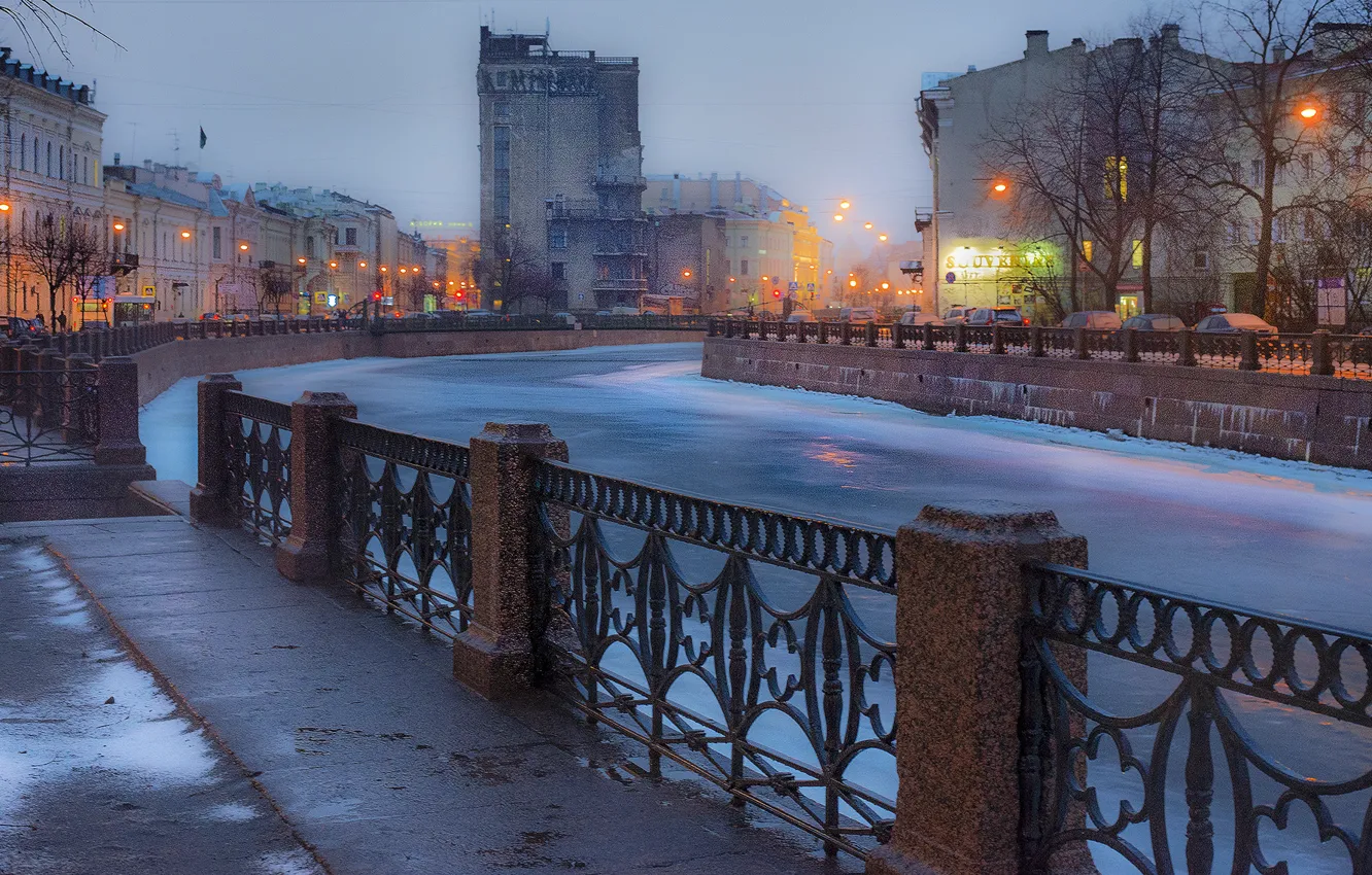 Photo wallpaper Winter, The evening, Peter, River, Saint Petersburg, Russia, SPb, St. Petersburg