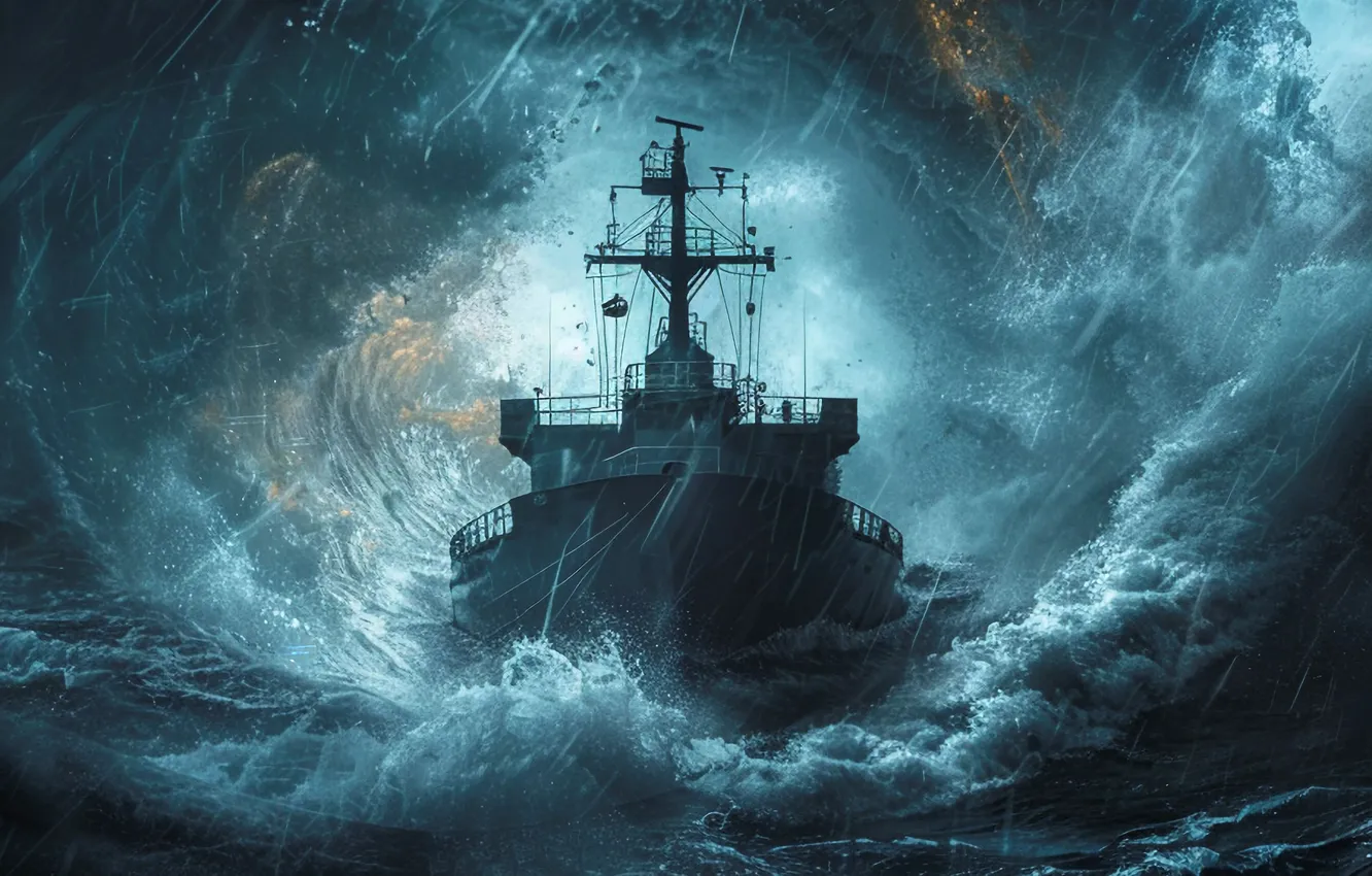 Photo wallpaper Sea, Wave, Ship, Rain, Digital art, AI art, The Art of Artificial Intelligence, Neural network