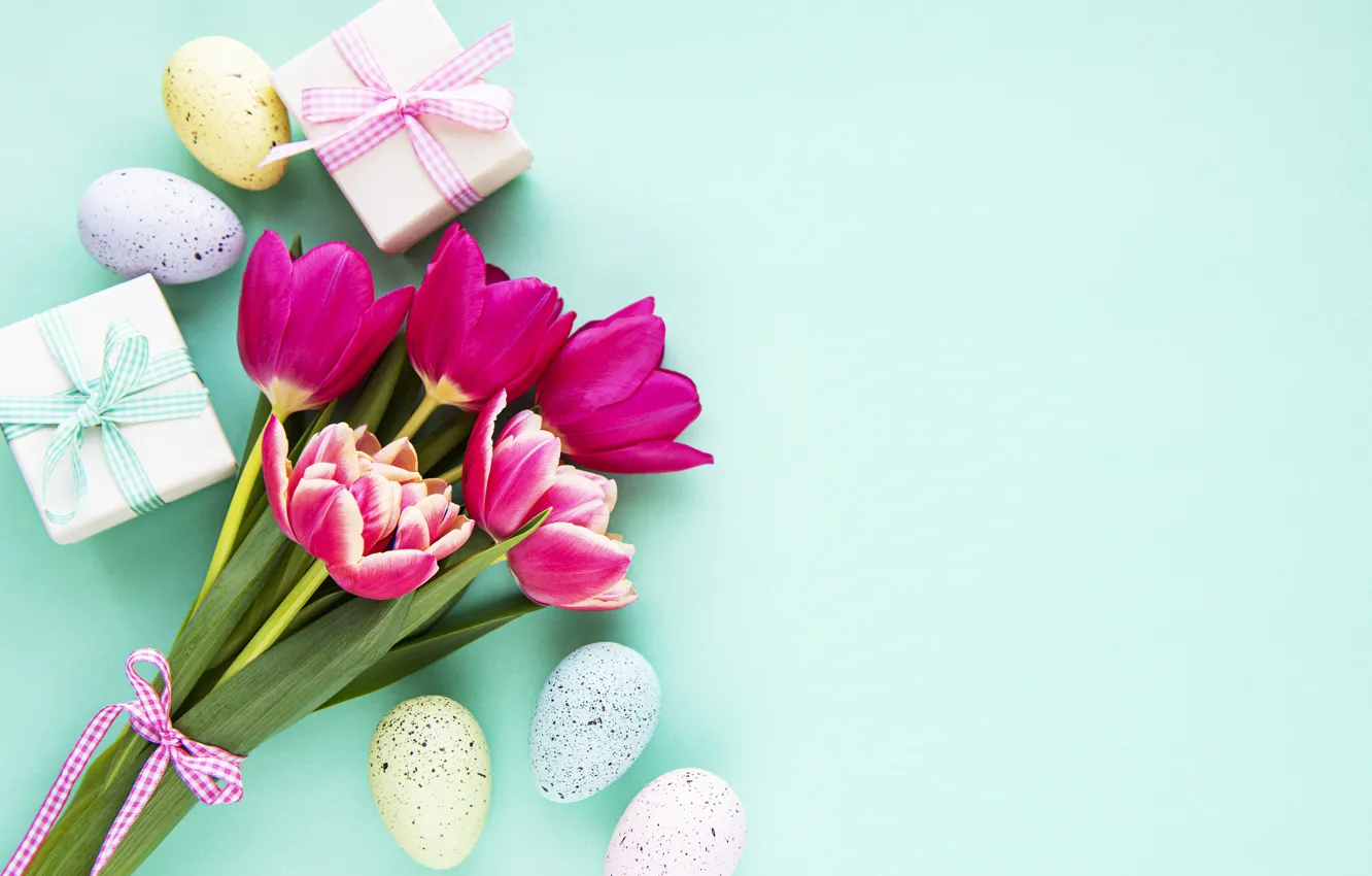 Photo wallpaper flowers, eggs, spring, colorful, Easter, tulips, happy, pink