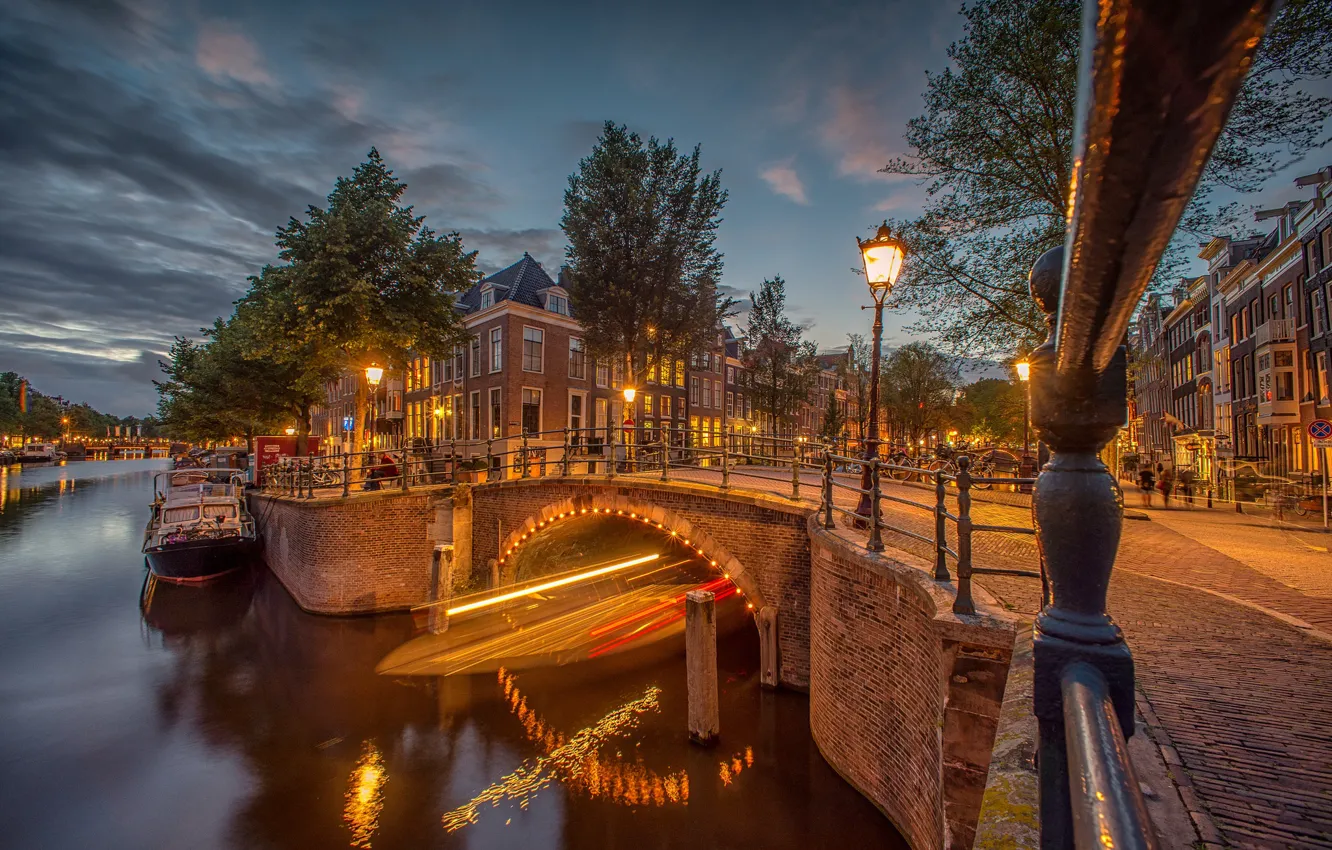 Photo wallpaper trees, bridge, lights, building, home, the evening, Amsterdam, lantern