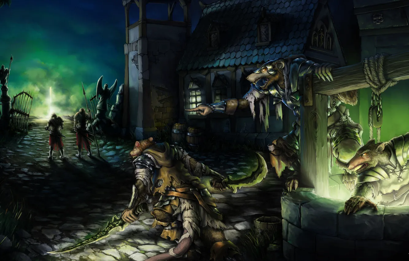 Photo wallpaper night, weapons, monster, village, art, well, attack, town