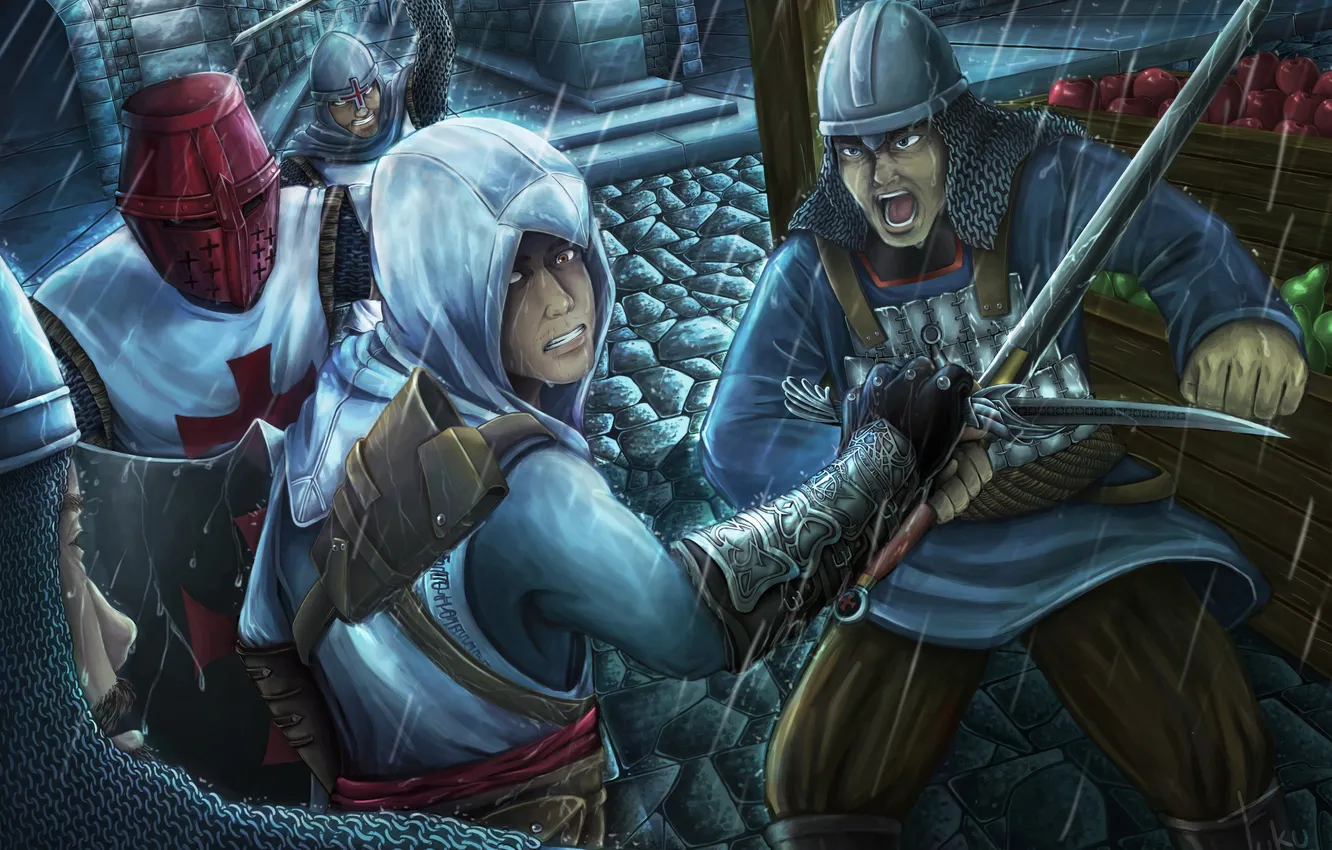 Photo wallpaper night, rain, Templar, assassins creed, Altair, assassin