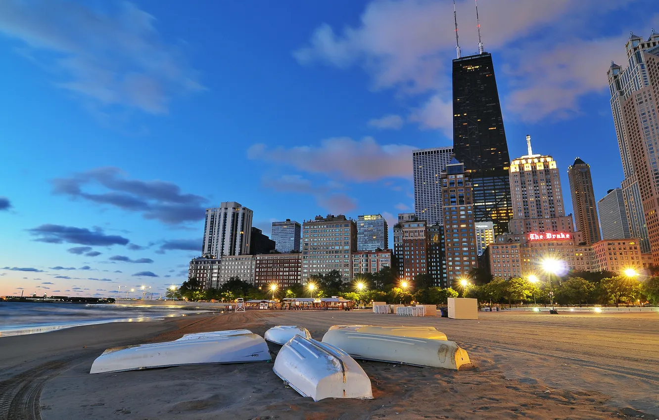 Photo wallpaper beach, the city, boat, the evening, Chicago, USA, Chicago, Illinois