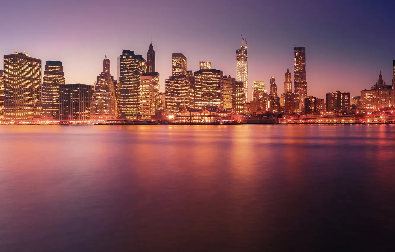 Photo wallpaper sunset, the city, lights, building, New York, skyscrapers, the evening, USA