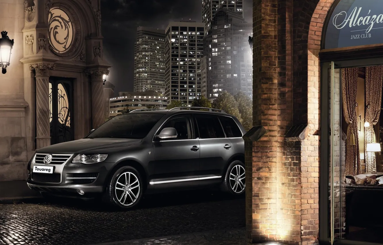 Photo wallpaper night, the city, black, building, Volkswagen, the door, Touareg, the front