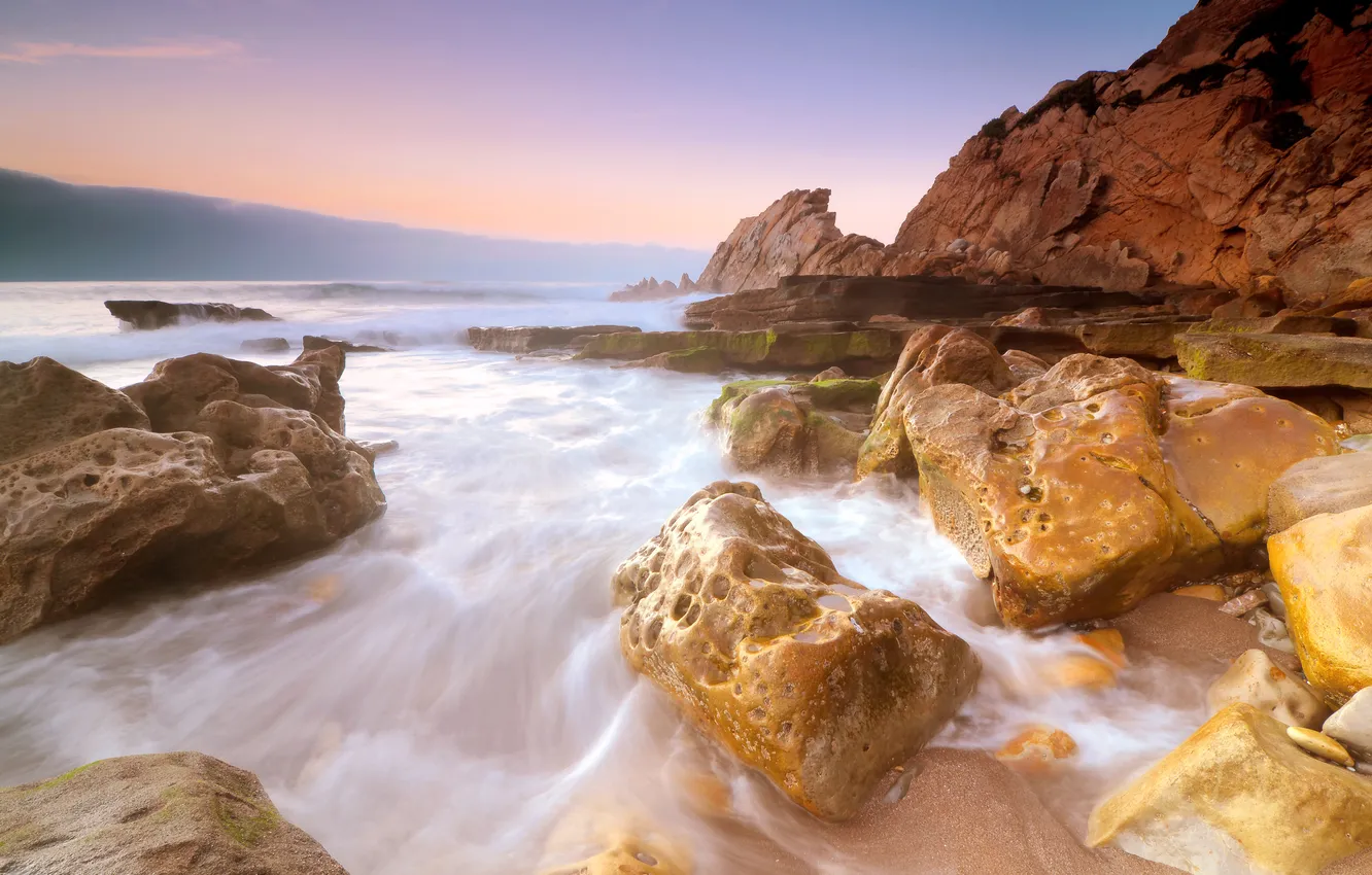 Photo wallpaper sea, beach, stones, the ocean, rocks, shore, Sunset, the evening