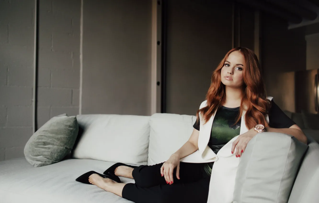 Photo wallpaper sofa, pillow, dress, actress, shoes, Debby Ryan, Debbie Ryan