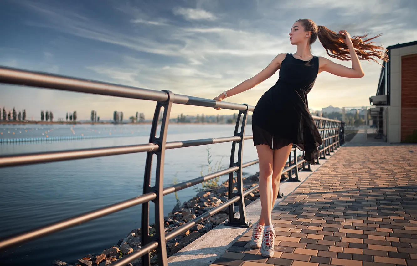 Photo wallpaper girl, pose, hands, figure, dress, legs, promenade, long hair