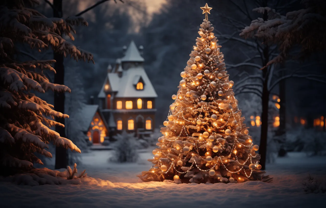 Photo wallpaper winter, snow, night, tree, new year, Christmas, Christmas, night
