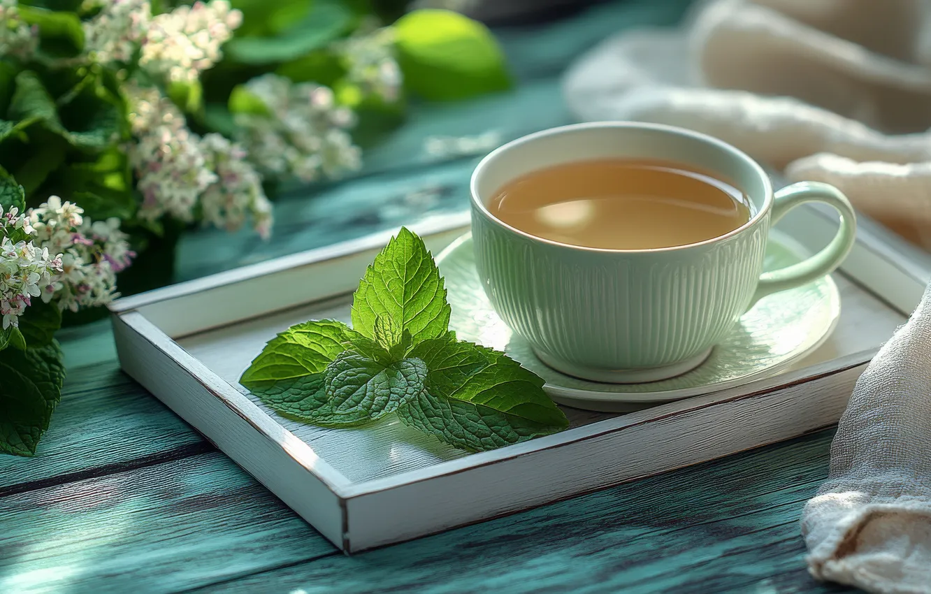 Photo wallpaper greens, light, flowers, table, tea, Board, towel, bouquet