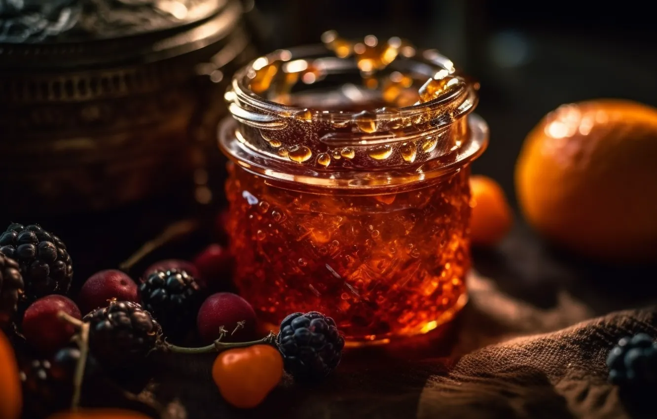 Photo wallpaper glass, berries, Bank, still life, jam, jam, digital art, AI art