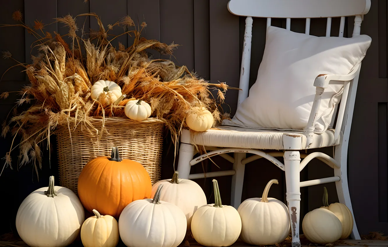 Photo wallpaper autumn, light, basket, bouquet, chair, harvest, chair, pumpkin