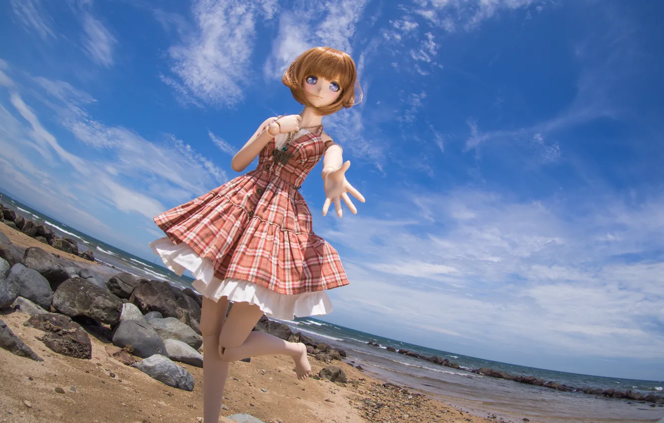 Photo wallpaper sea, the sky, nature, stones, toy, doll