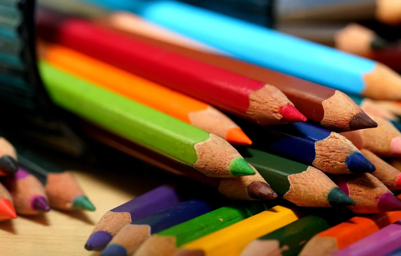 Photo wallpaper macro, table, pencils, Bank, colorful, bokeh, colored pencils, leads