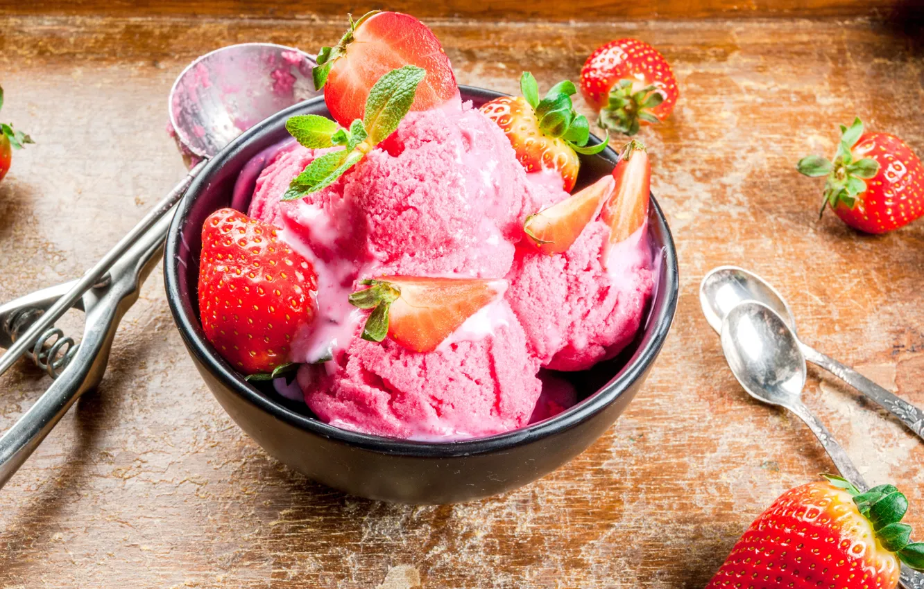 Photo wallpaper berries, strawberry, ice cream, mint, dessert, strawberry, ice cream