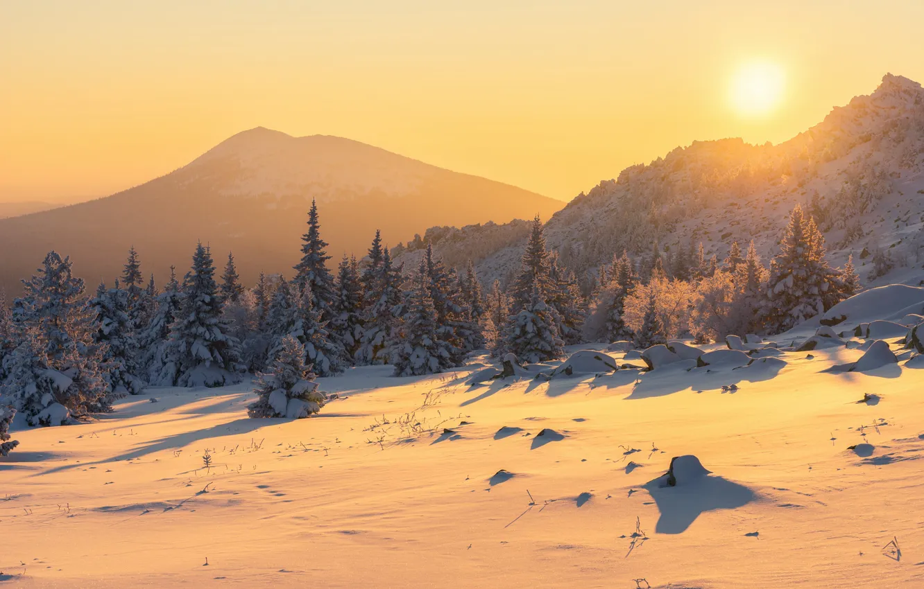 Photo wallpaper winter, the sun, snow, mountains, ate, Russia, Michael Turkei
