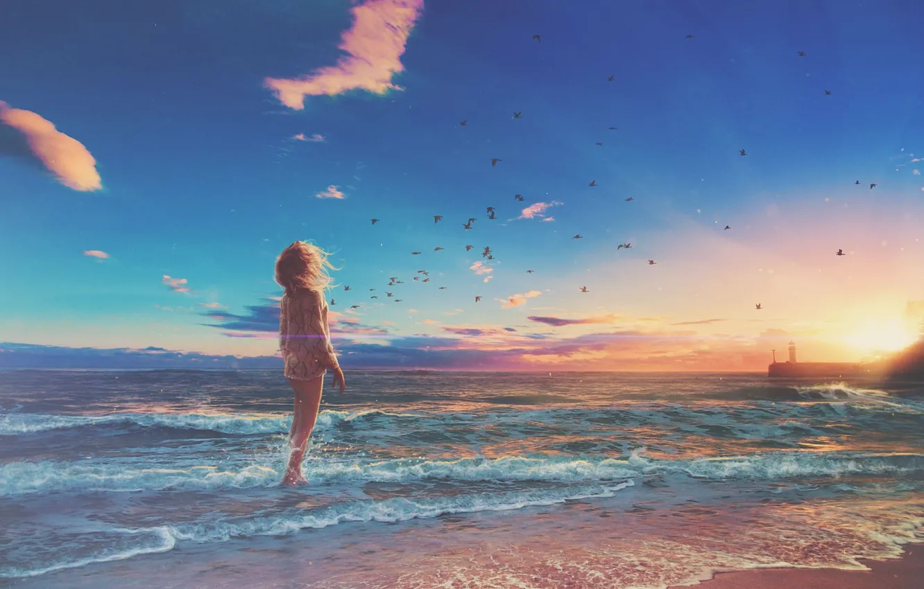 Photo wallpaper sea, wave, beach, girl, birds, lighthouse, horizon, waves