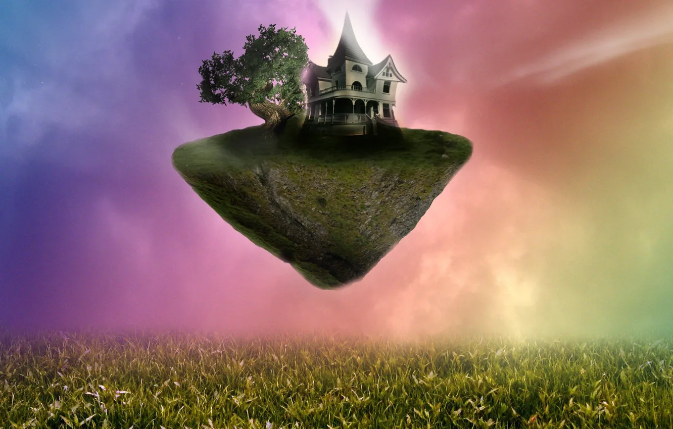 Photo wallpaper grass, house, tree, house, grass, structure, tree, blurred background
