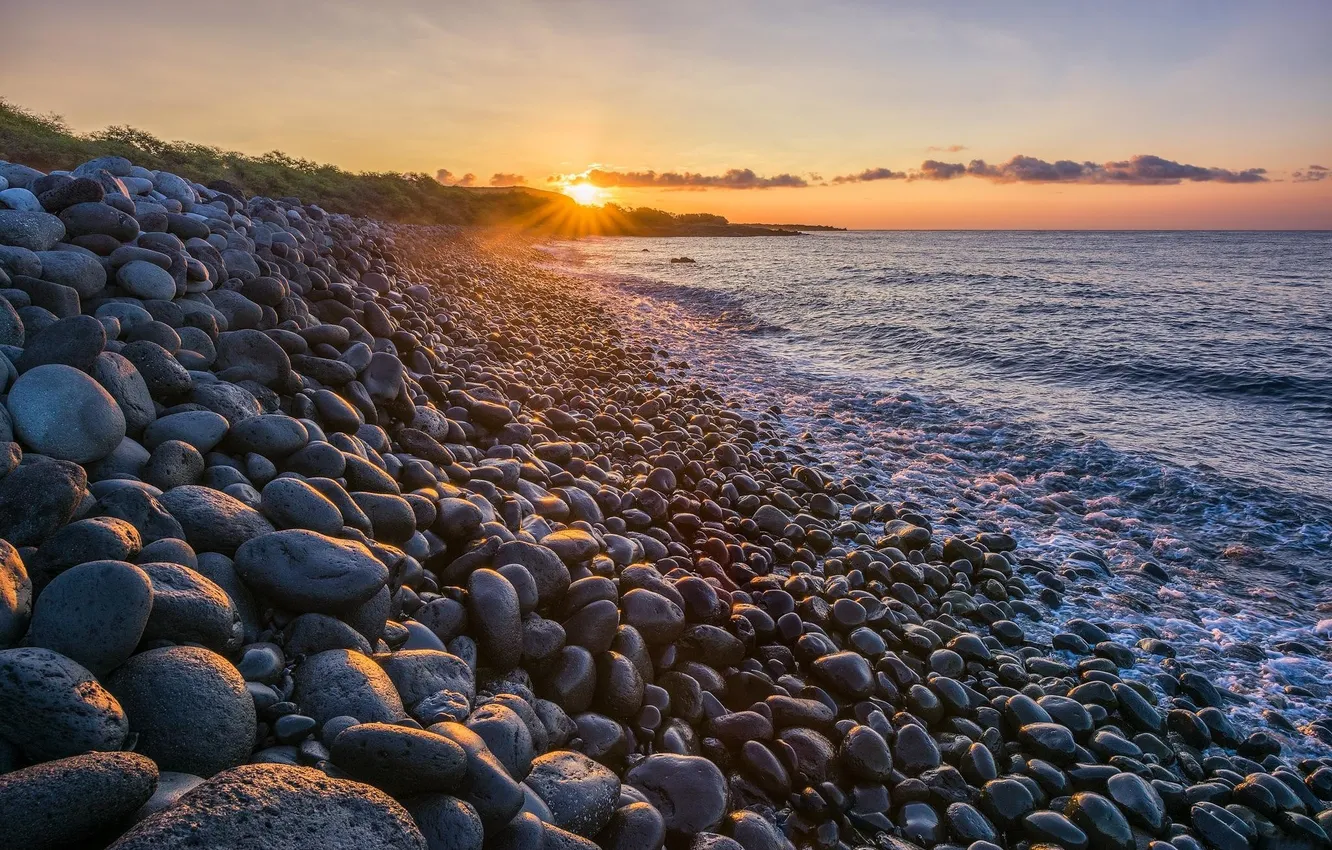Photo wallpaper sea, wave, beach, the sky, the sun, clouds, landscape, sunset
