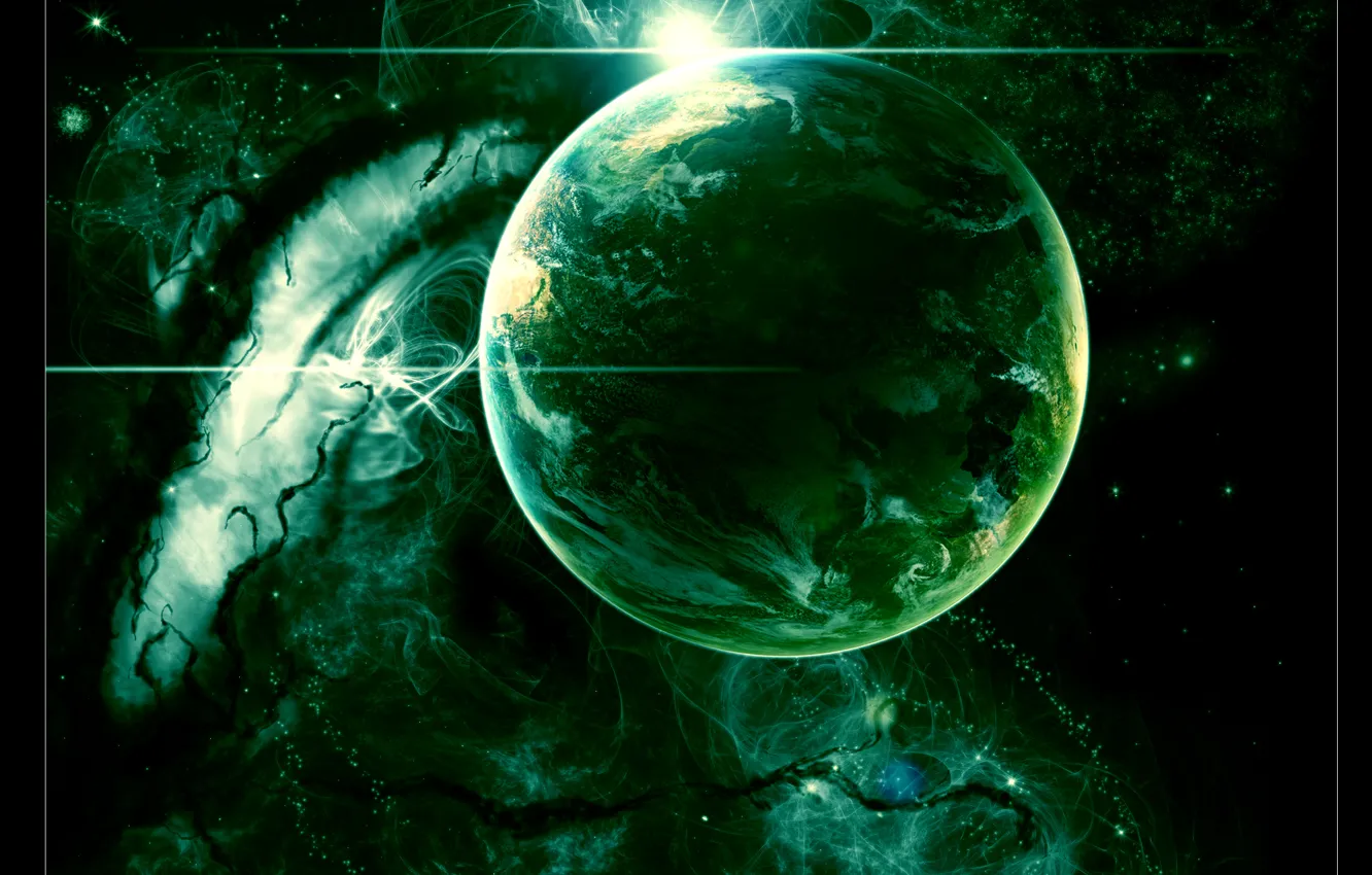 Photo wallpaper lights, green, planet, Sci Fi