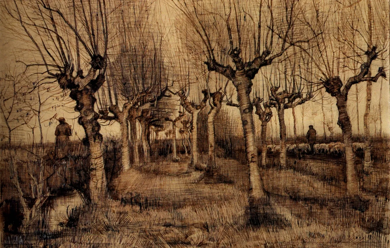 Photo wallpaper trees, shepherd, goats, Vincent van Gogh, Pollard Birches