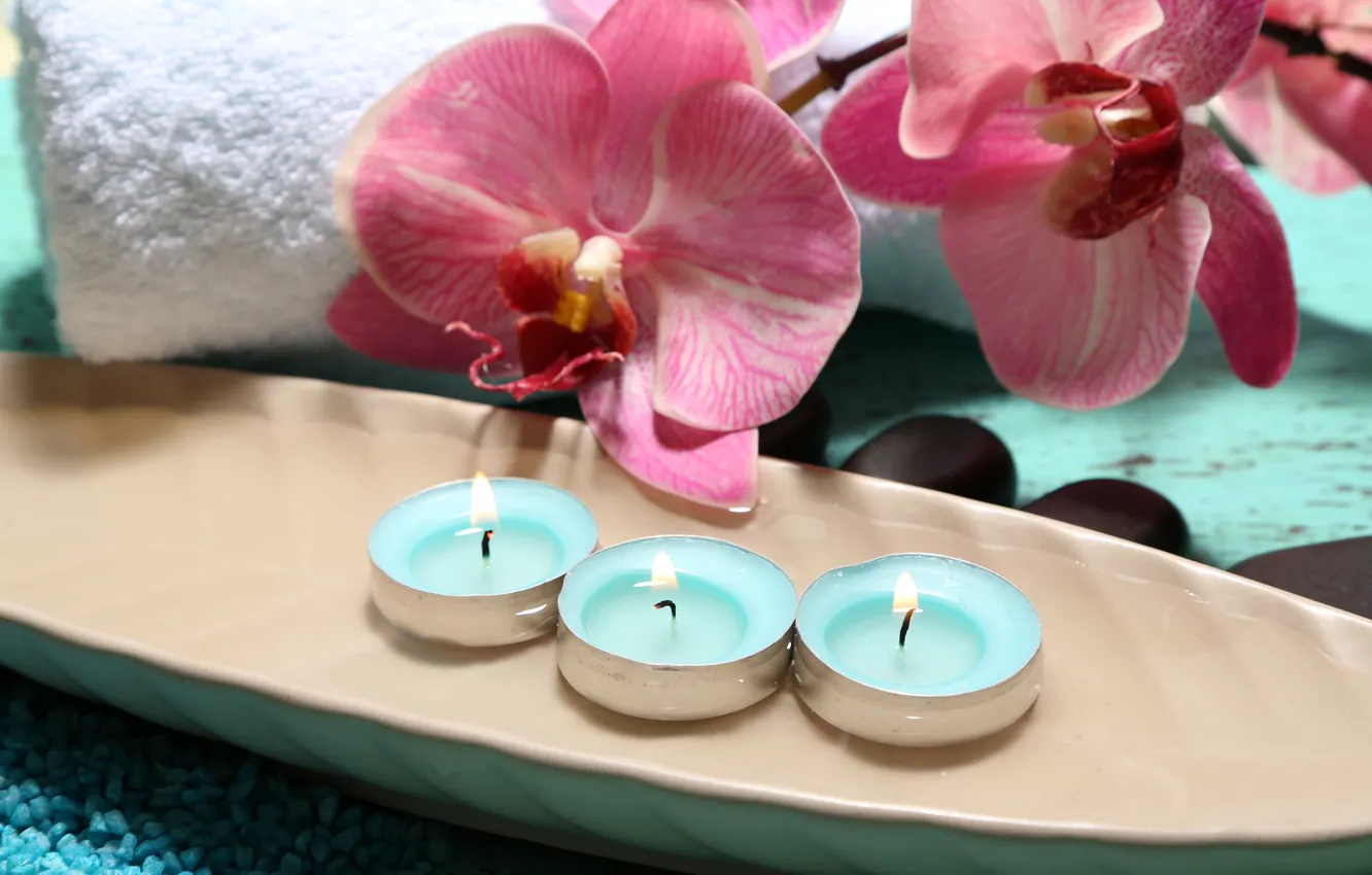Photo wallpaper flowers, towel, candles, Orchid
