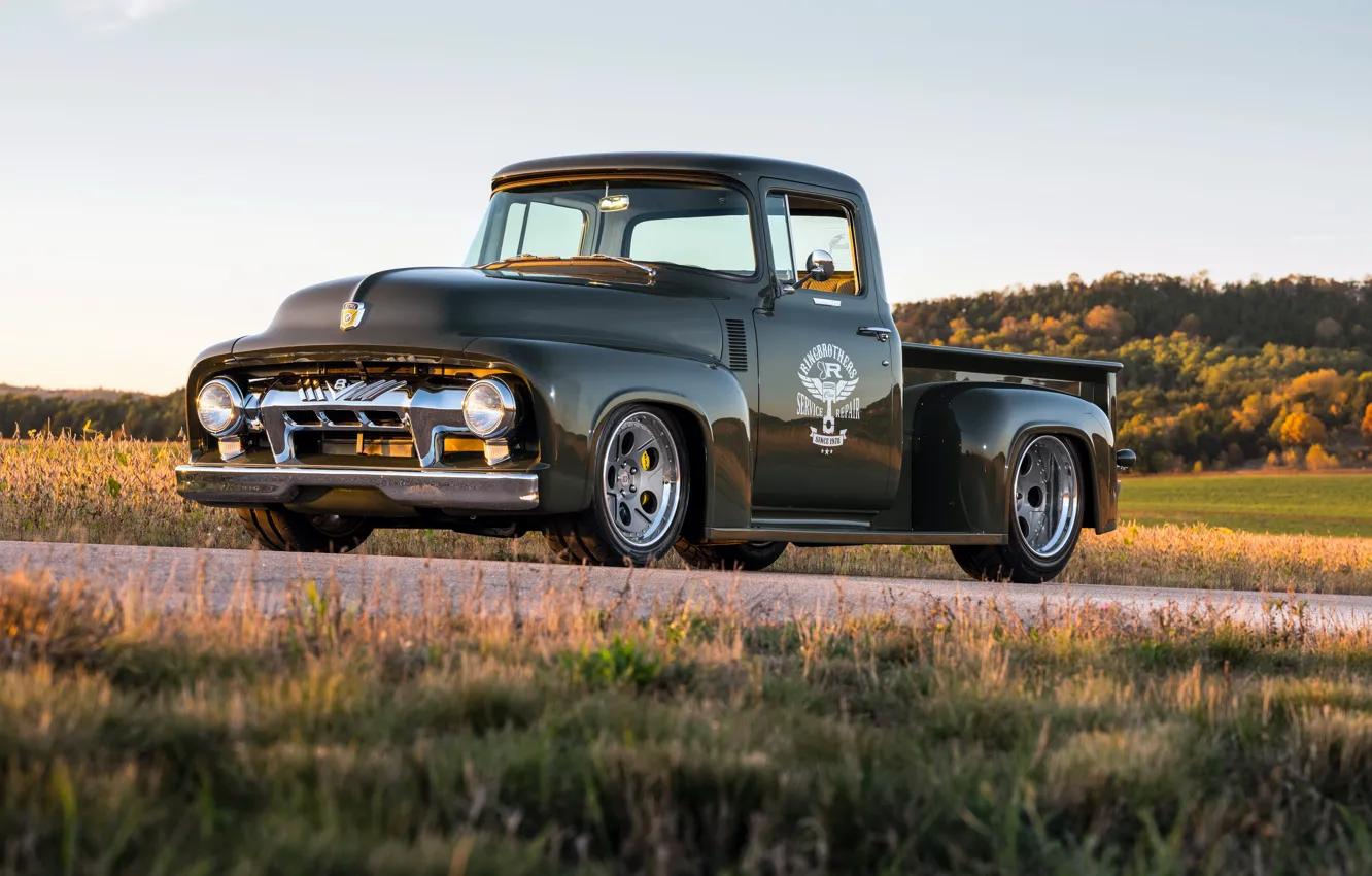 Photo wallpaper Ford, road, Front, Side, 1956, F-100, Ringbrothers, Ford F-100