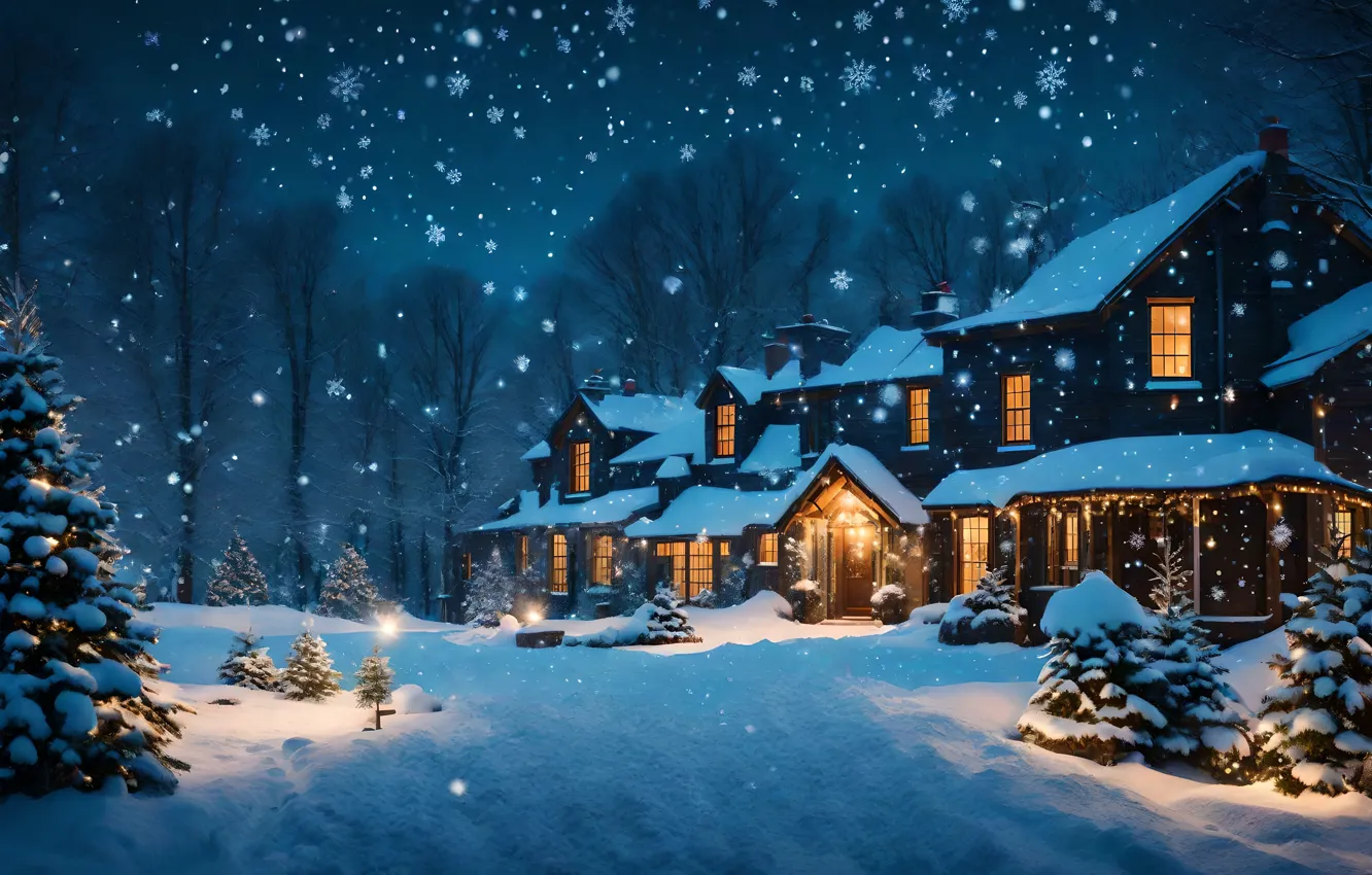 Photo wallpaper winter, snow, night, house, Christmas, hut, New year, houses