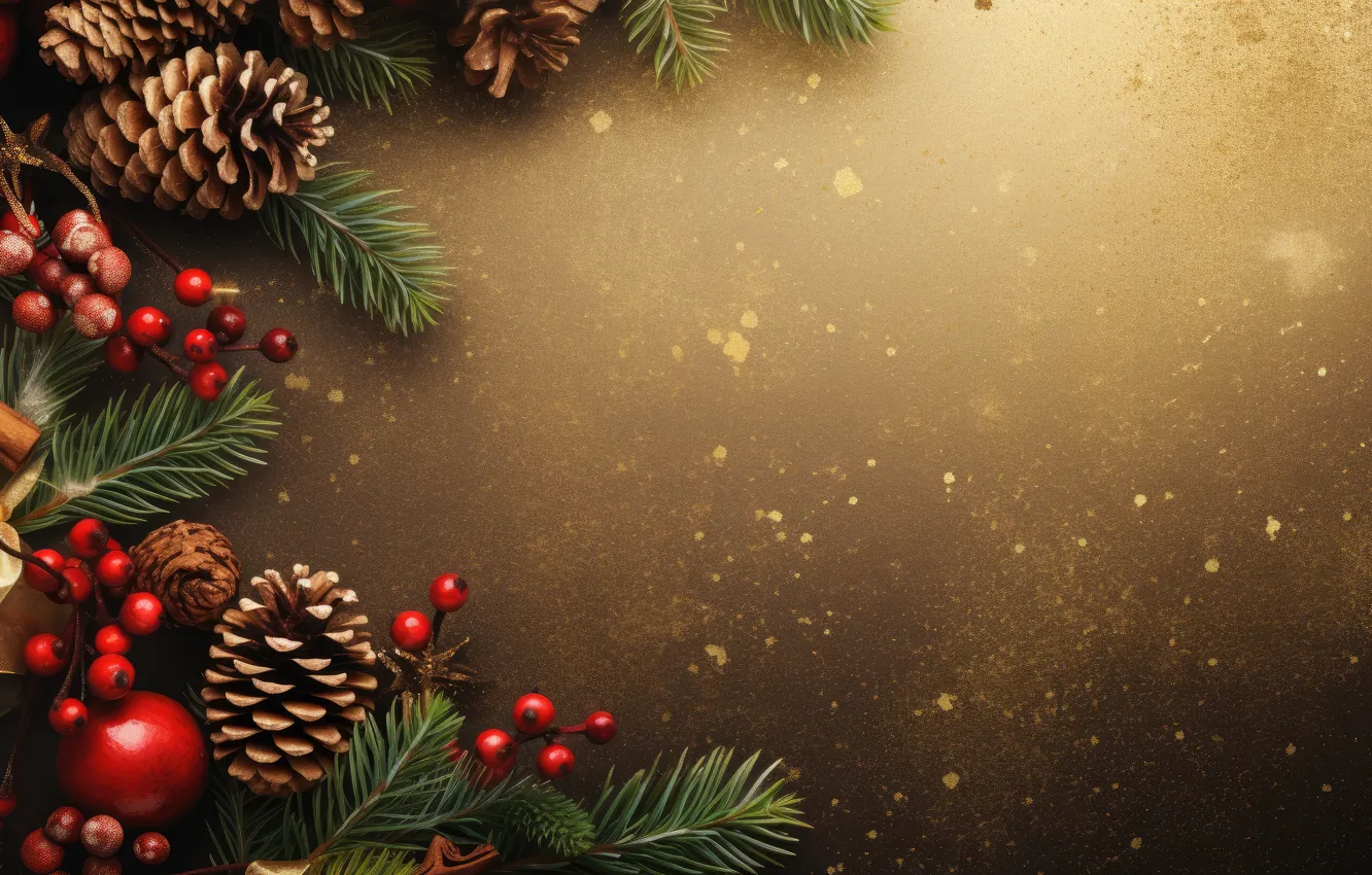 Photo wallpaper balls, branches, berries, new year, fruit, Christmas, needles, bumps