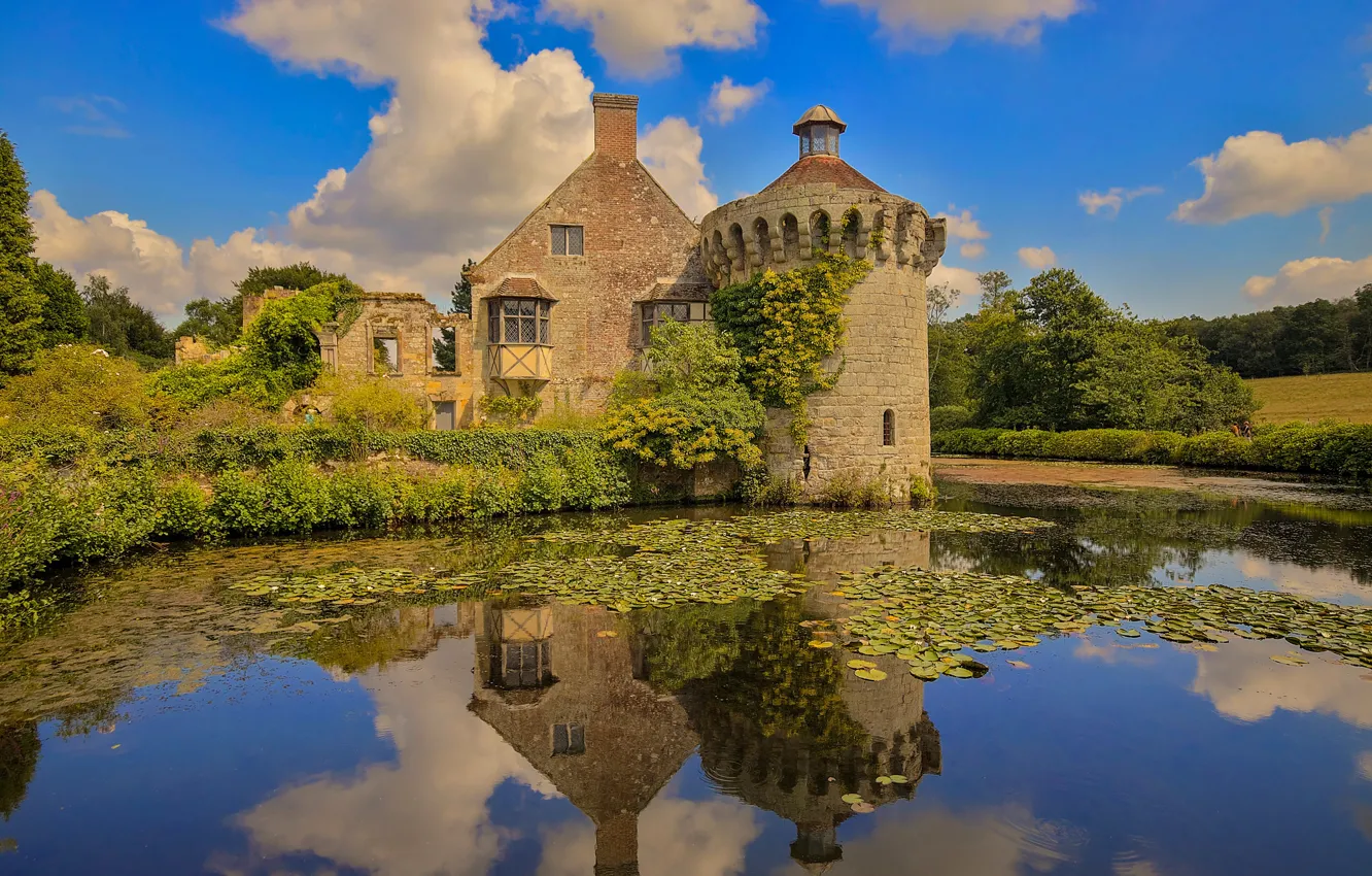 Photo wallpaper the sky, lake, reflection, castle, vegetation, England, Kent, England