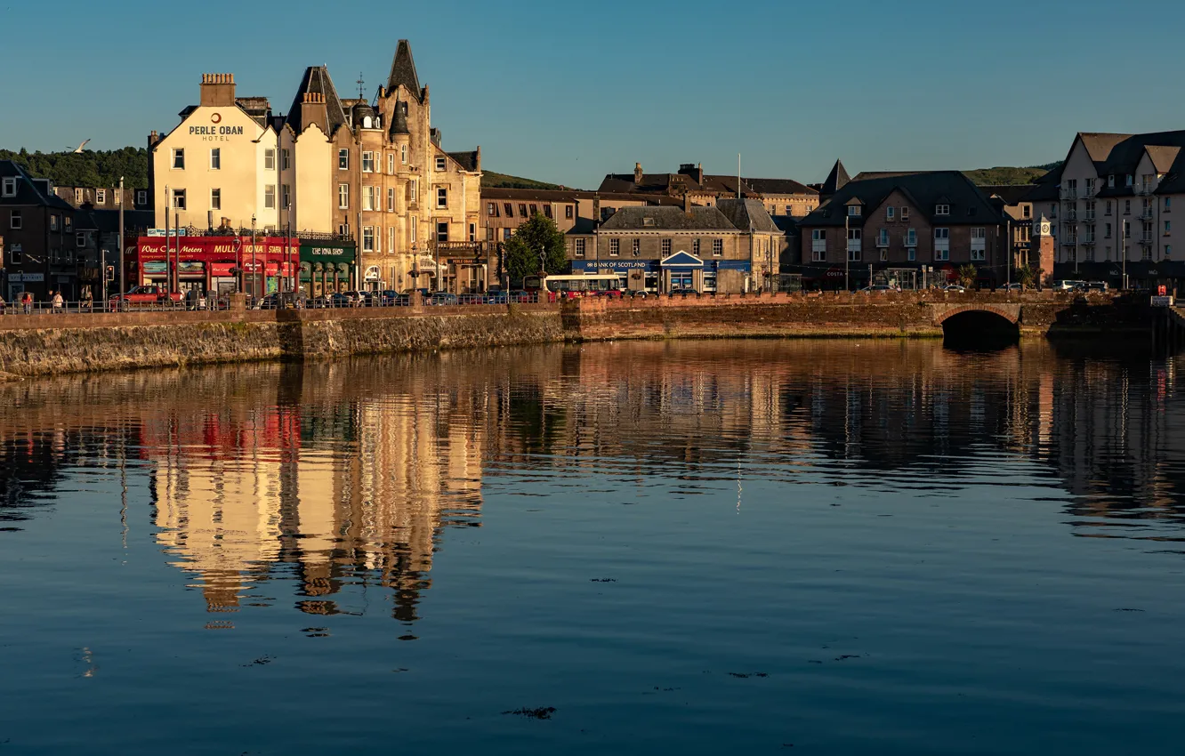 Photo wallpaper the sky, water, the sun, reflection, river, home, Scotland, Oban