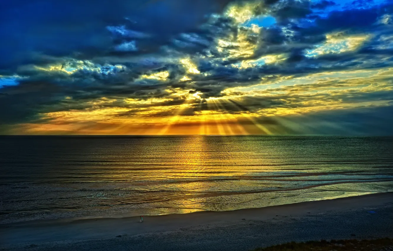 Photo wallpaper sea, beach, the sky, clouds, landscape, blue, nature, sunrise