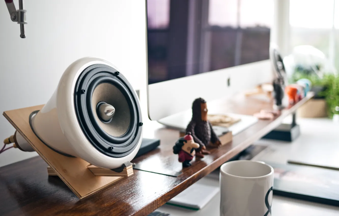 Photo wallpaper style, table, toy, apple, speakers, mug, speaker, monitor