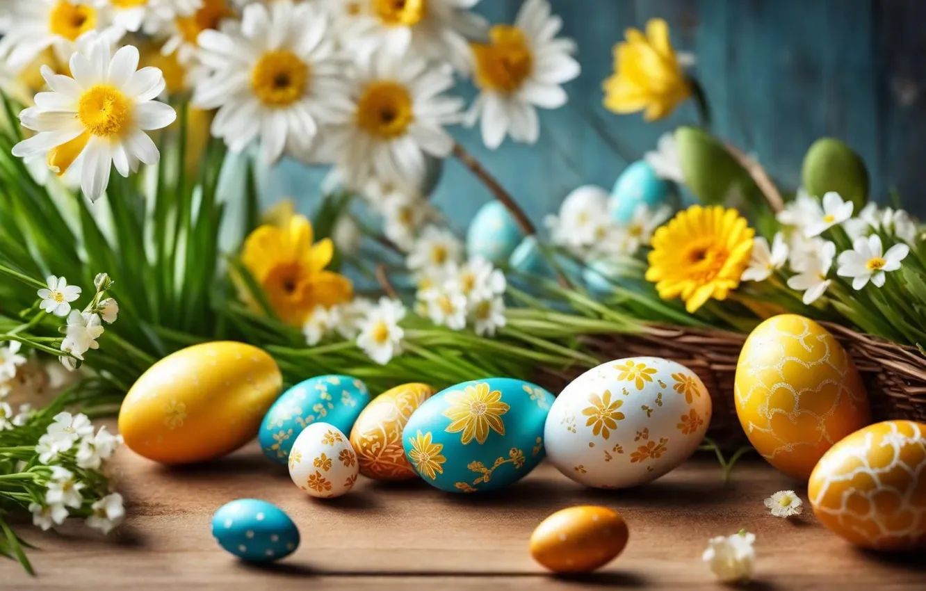 Photo wallpaper flowers, eggs, spring, colorful, Easter, flowers, spring, Easter