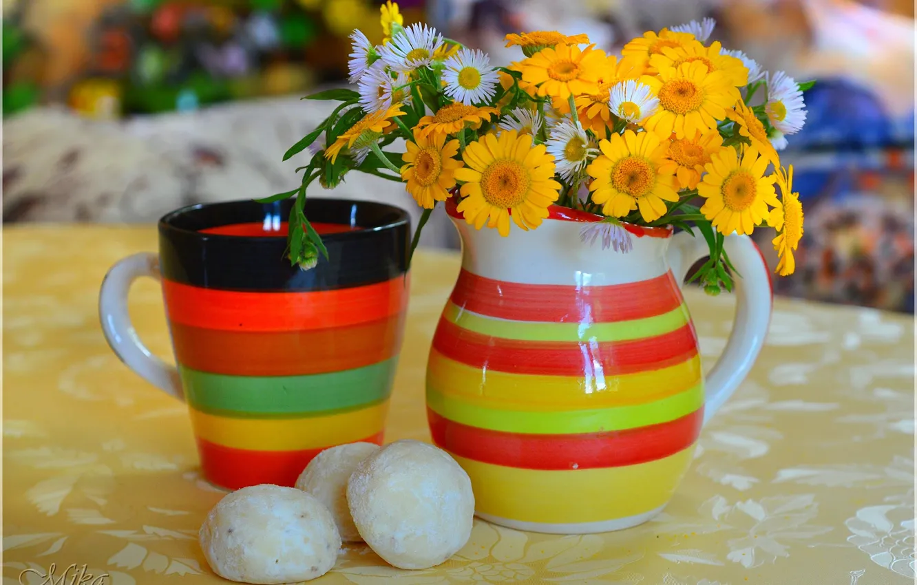 Photo wallpaper Mug, Vase, Flowers, Flowers, Cookies, Vase