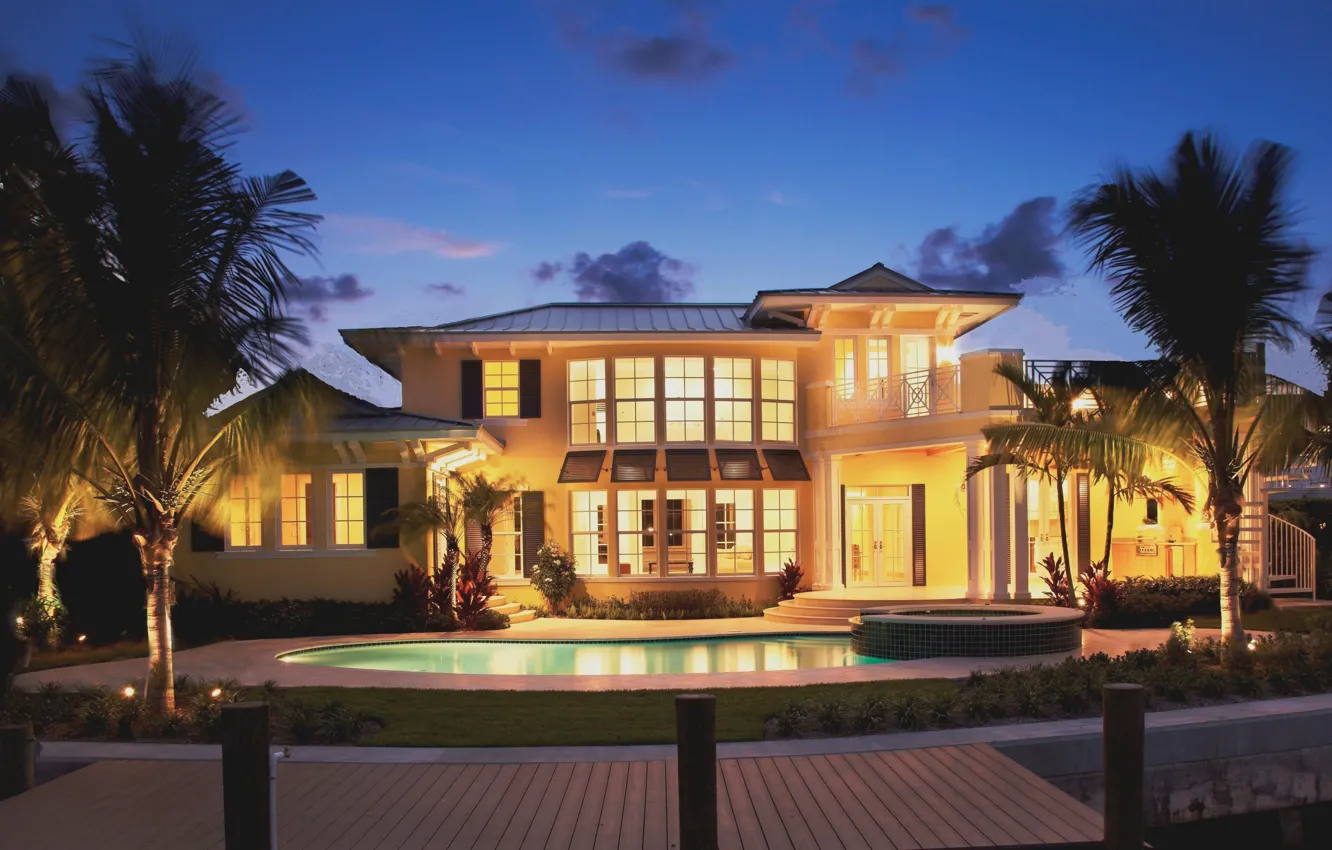 Photo wallpaper palm trees, Villa, the evening, pool, lighting, architecture, terrace