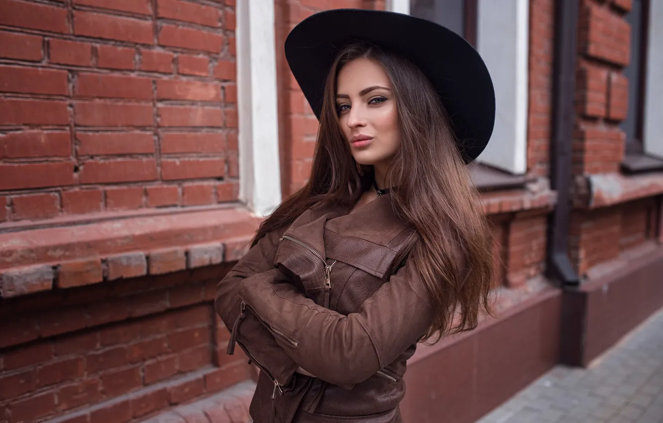 Photo wallpaper look, pose, model, portrait, hat, makeup, jacket, hairstyle