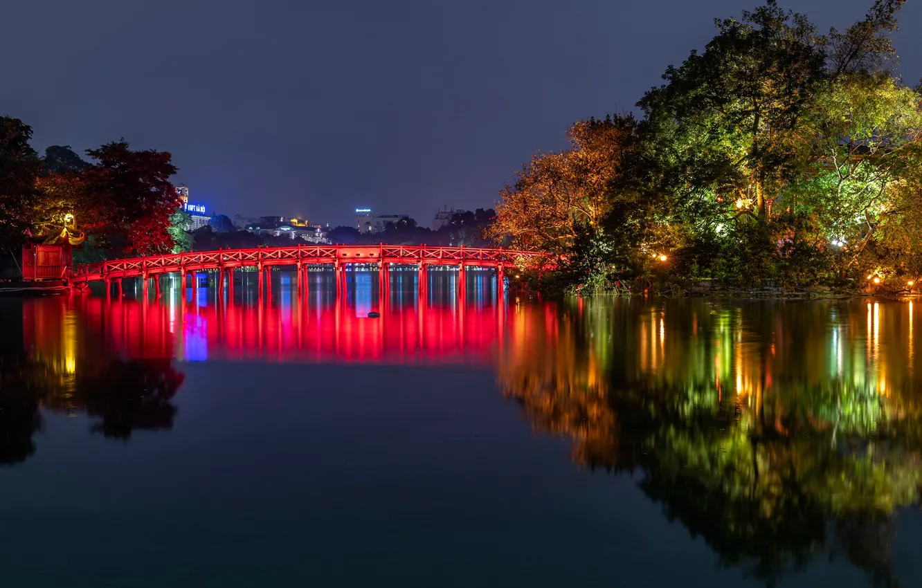 Photo wallpaper trees, night, bridge, lights, river, home, Vietnam, hanoi