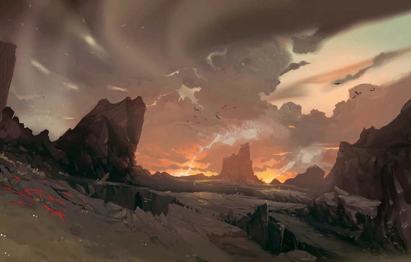 Photo wallpaper lights, rocks, bird, smoke, art, painted landscape