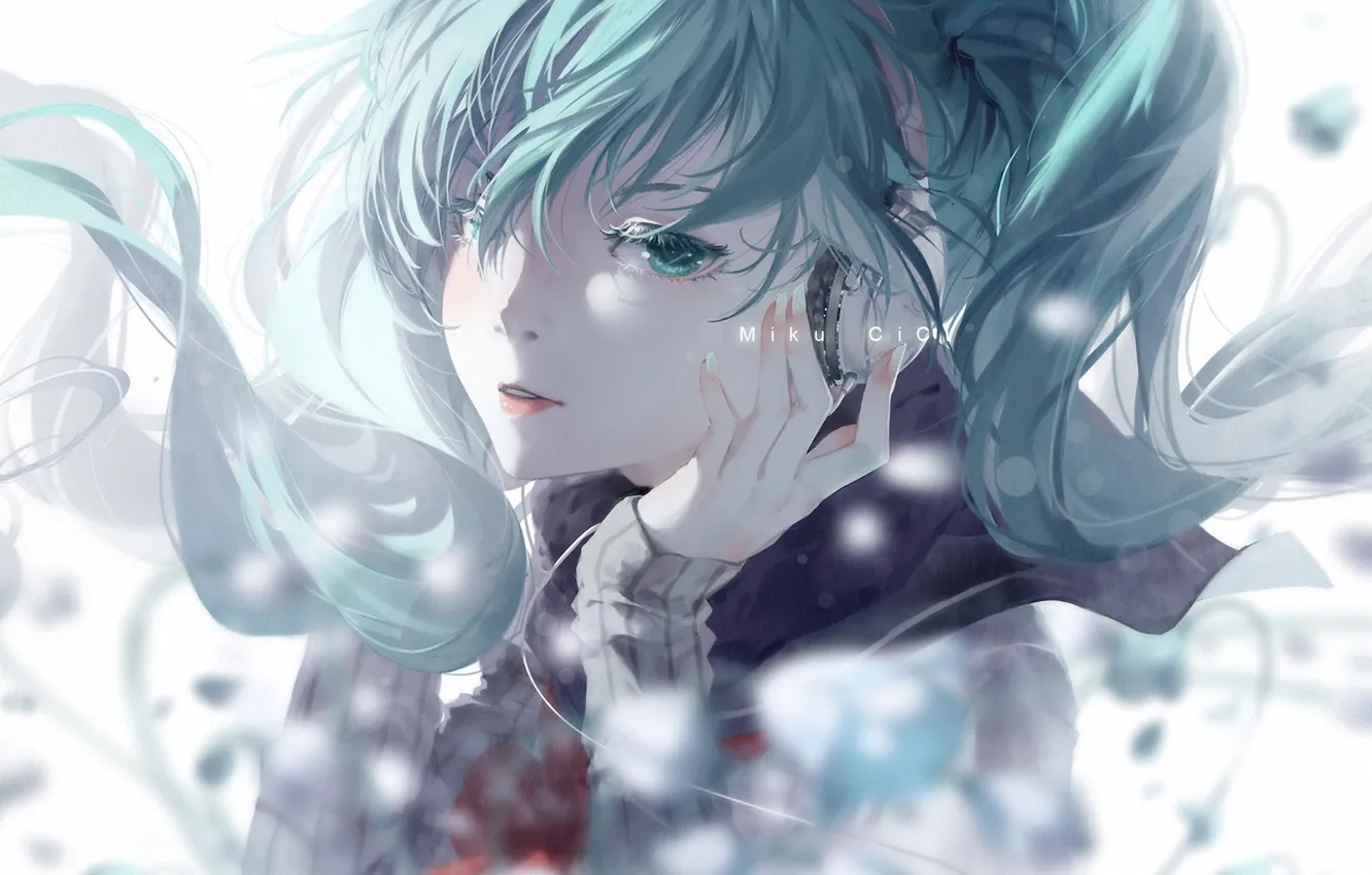 Photo wallpaper girl, the wind, hair, headphones, art, vocaloid, hatsune miku, Cici