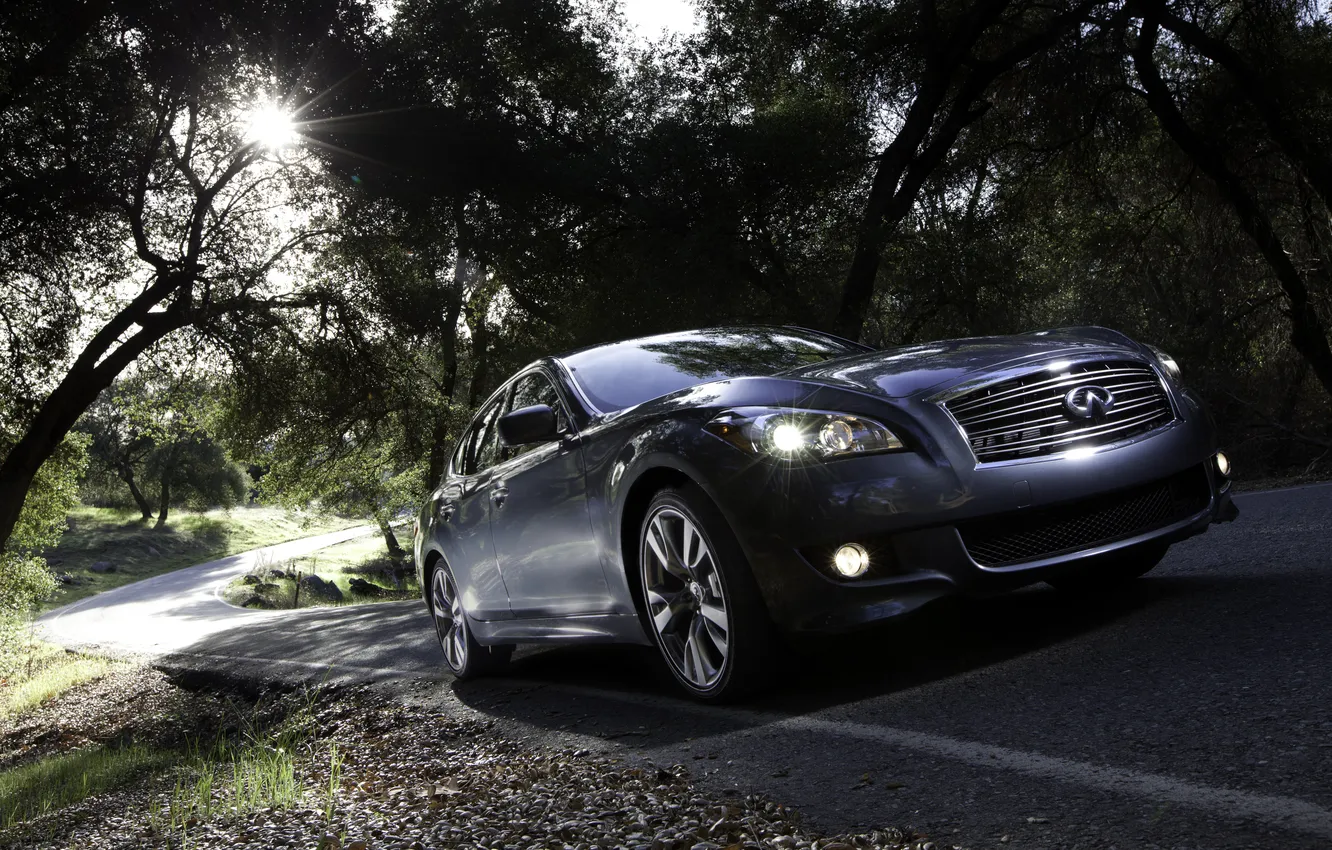 Photo wallpaper road, car, machine, auto, forest, the sun, trees, Infiniti