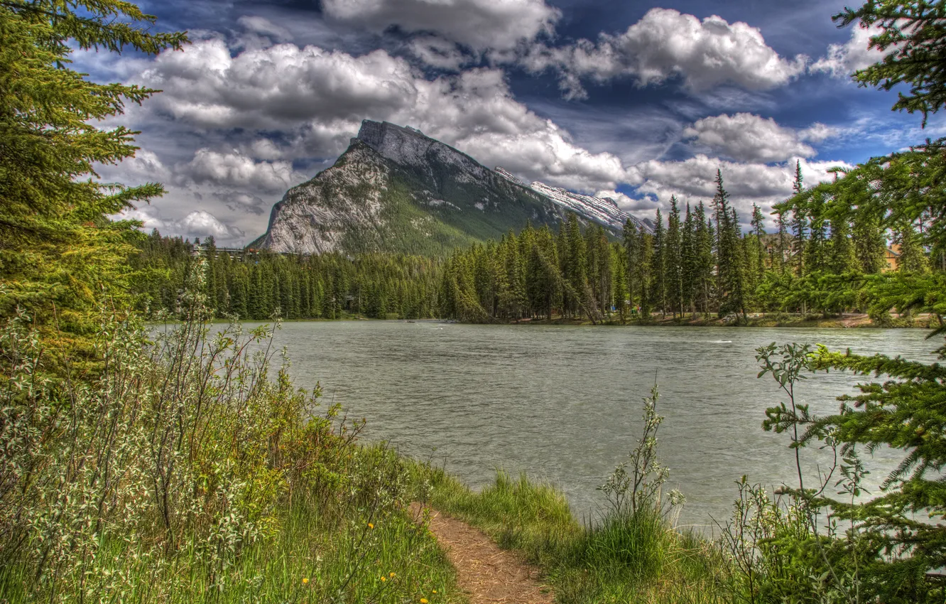 Photo wallpaper forest, clouds, trees, lake, shore, mountain, trail, Canada