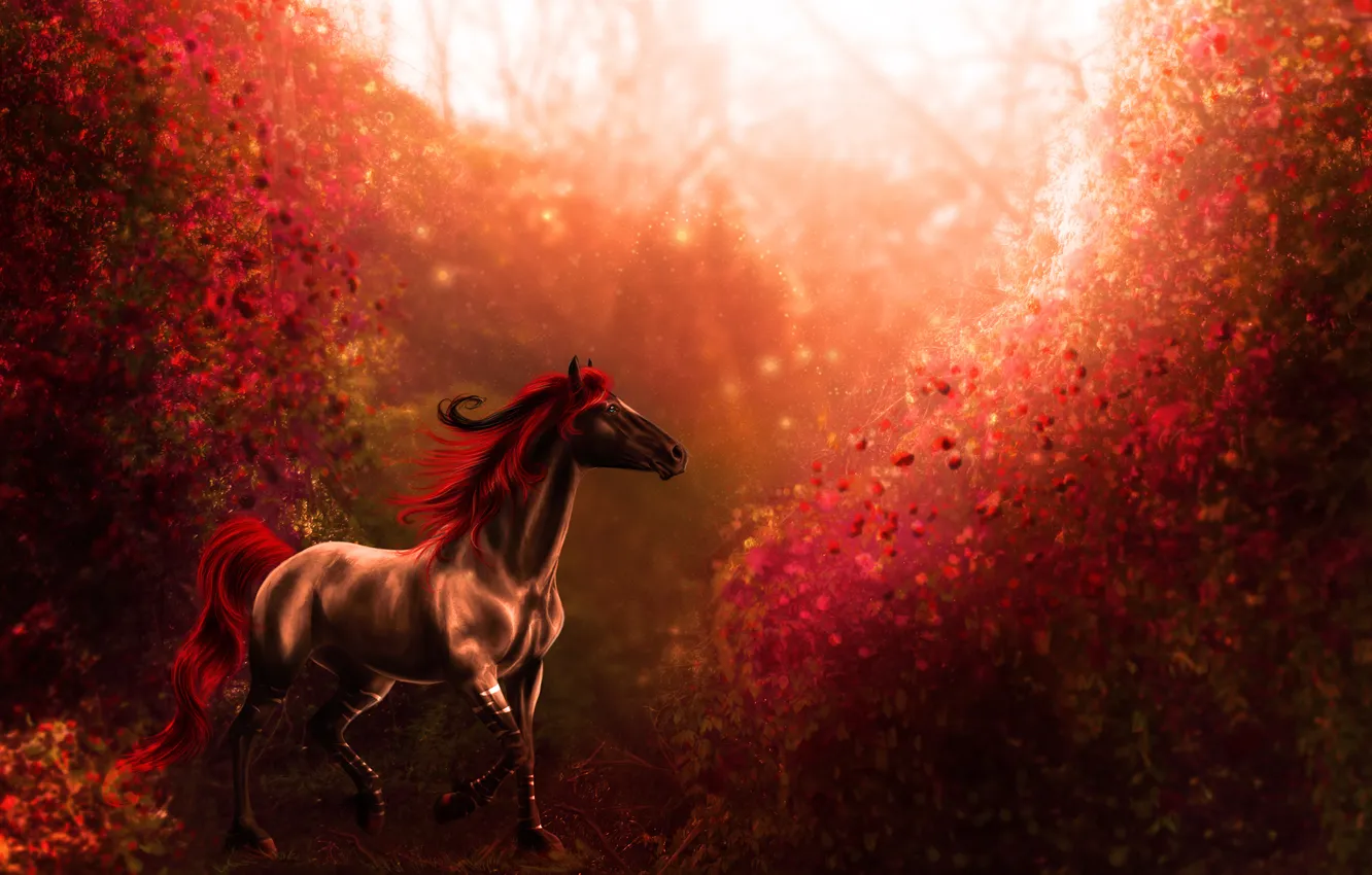 Photo wallpaper leaves, animal, horse, tail, hooves, red mane