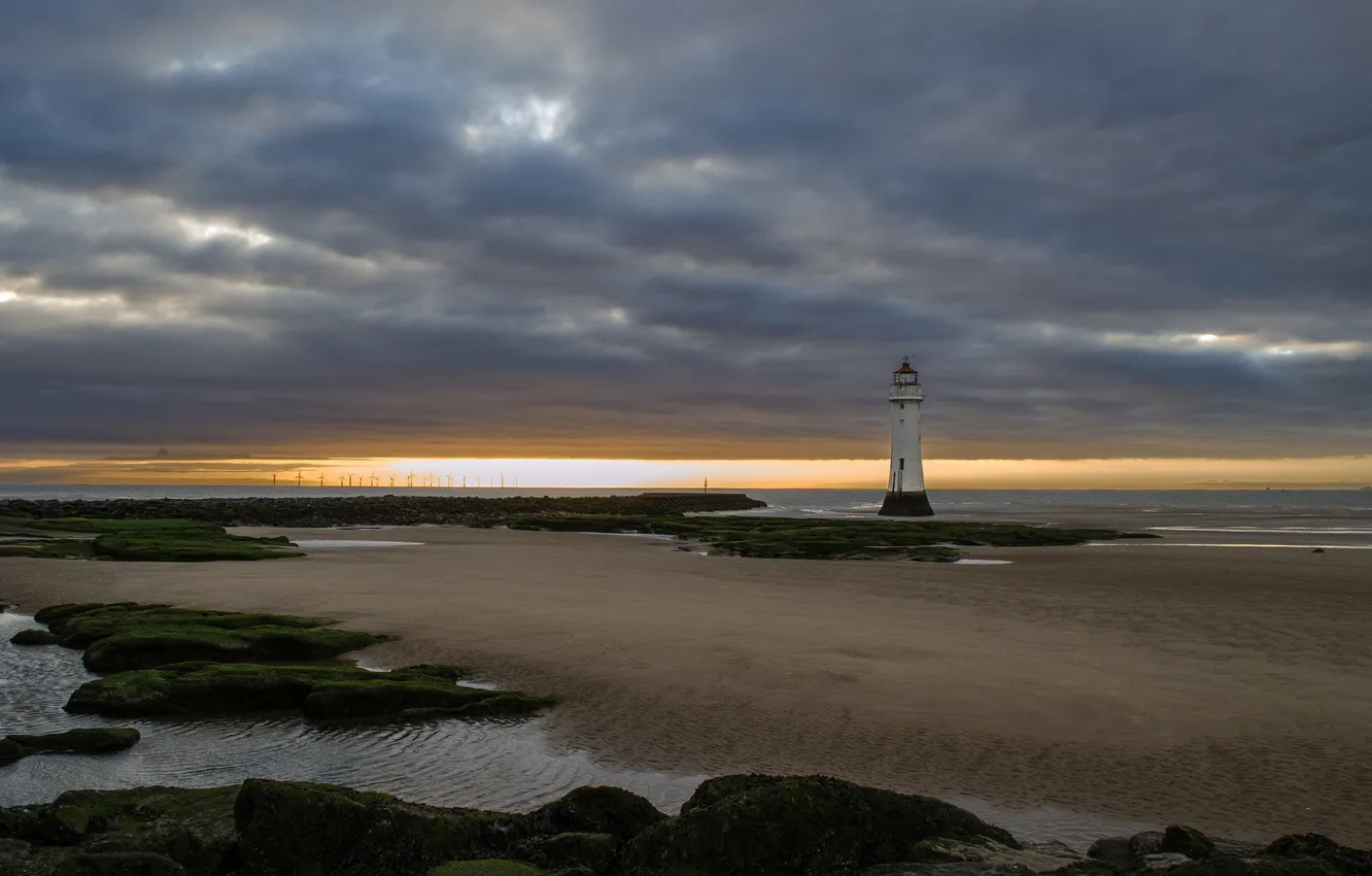 Photo wallpaper sea, sunset, clouds, lighthouse, tide